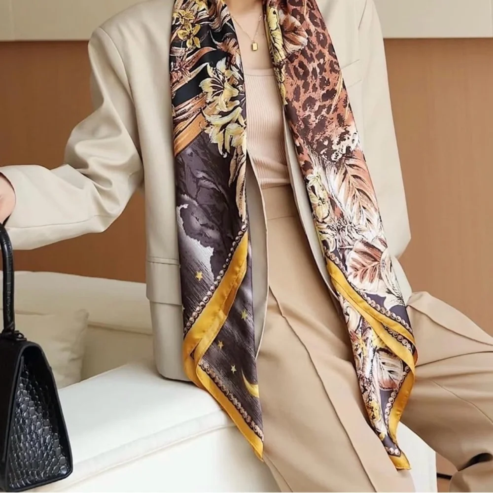 Elegant Floral tiger Silk feeling satin Scarf - Yellow and Brown